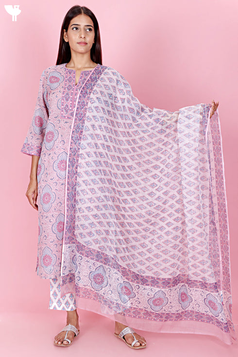 Kota Doria Kurta Pant Set With Dupatta In Block Print